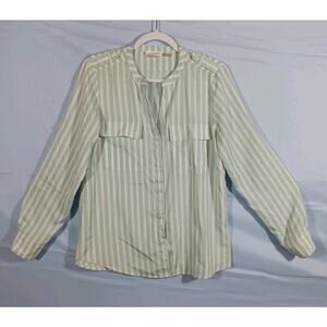 Calvin Klein Blouse Womens Medium Mint Green Striped Long Sleeve Polyester Top